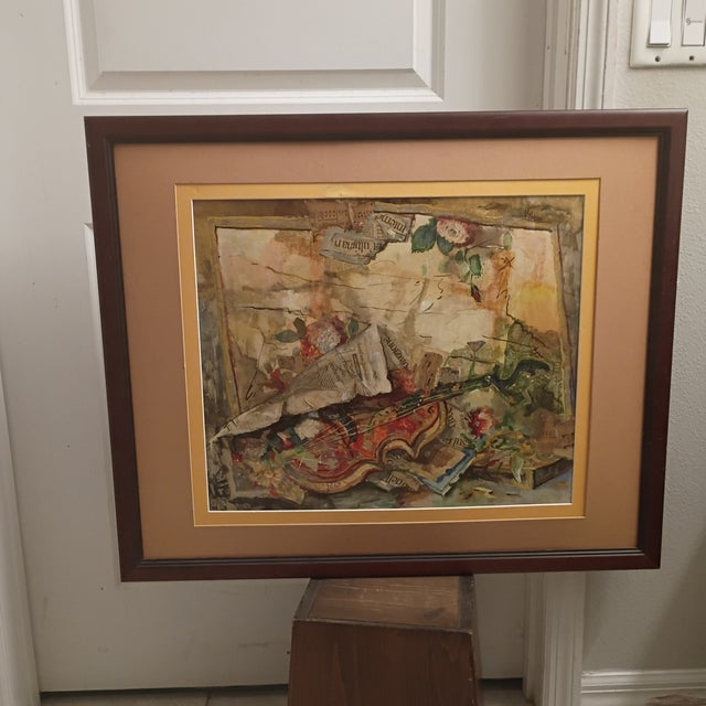 1960s Vittorio Turo Mid-Century Original Trompe Violin Collage – Framed 33" X 26" For Sale In Tampa - Image 6 of 13