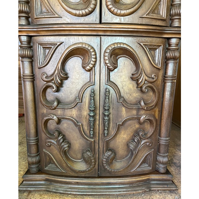 Wood Vintage Spanish Baroque Revival Cabinet | Bonnet Pediment | Reeded Columns For Sale - Image 7 of 12