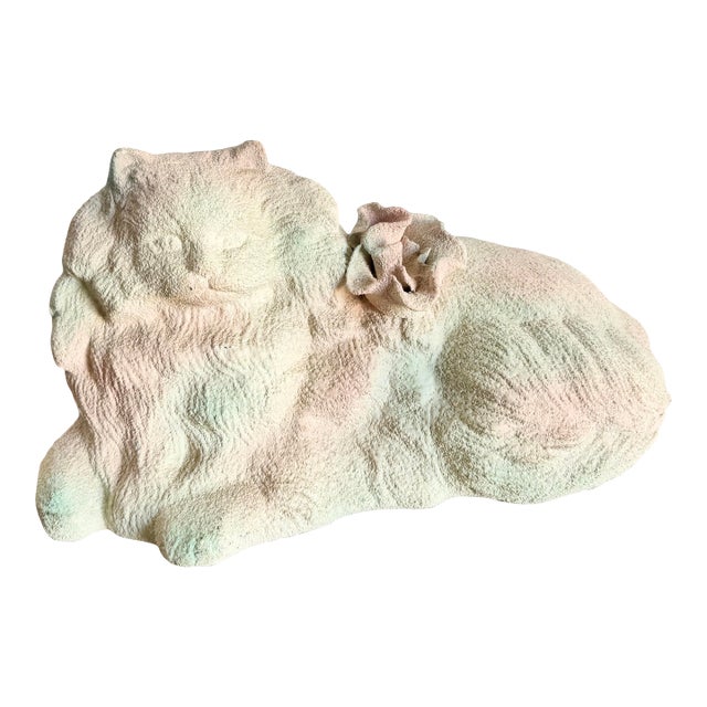 Vintage Pink White and Green Ceramic Cat Sculpture For Sale