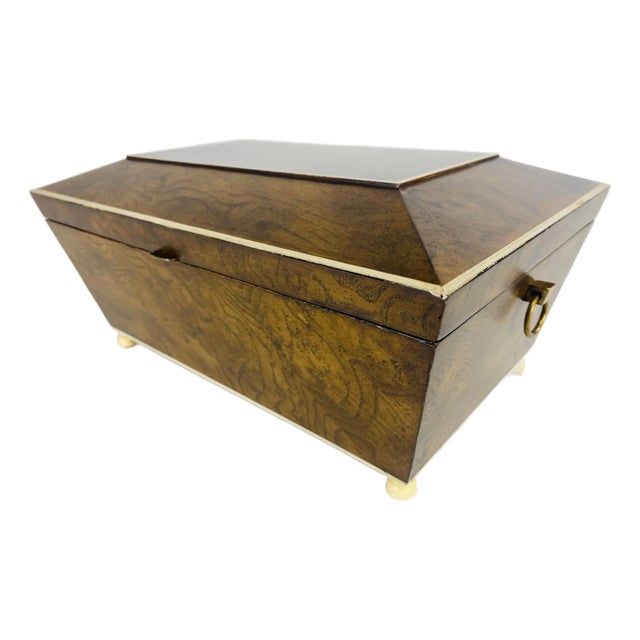 Vintage Burled Walnut With Faux Ivory Dresser Box After Maitland Smith. For Sale