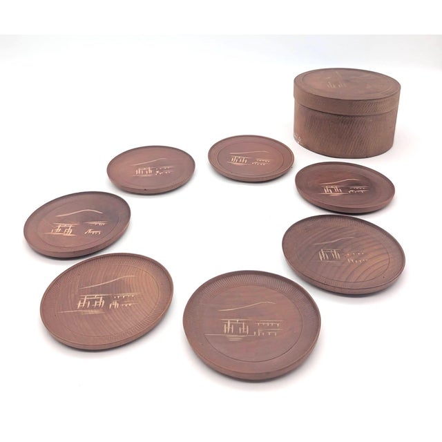 Mid-Century Modern Mid 20th Century Carved Teak Wood Beverage Coasters, Set of 7 For Sale - Image 3 of 13