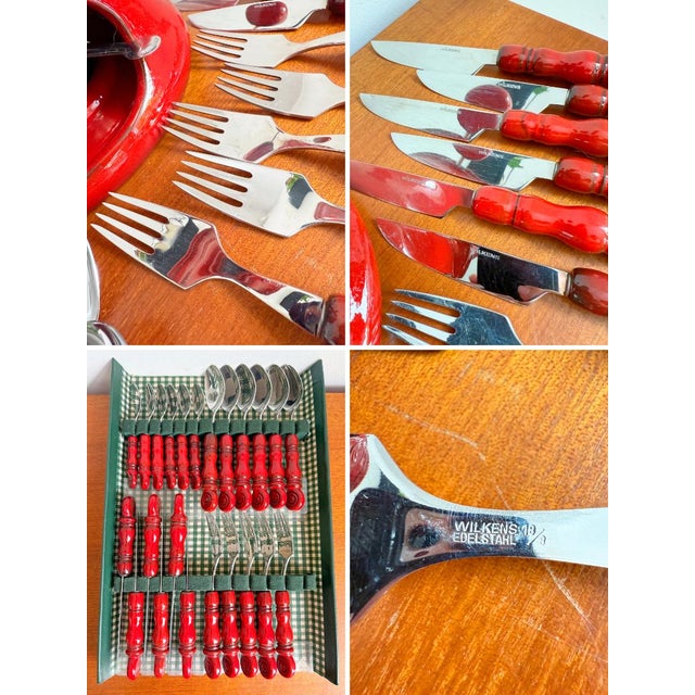 Vintage Tirol Cutlery Set and Fondue Pot in Red Ceramic and Stainless Steel, 1970s, Set of 24 For Sale - Image 9 of 13