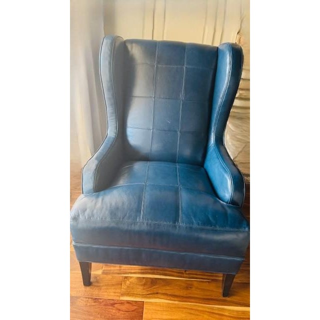Traditional Ambella Leather Wingback Lounge Chair W/ Matching Ottoman For Sale - Image 3 of 9