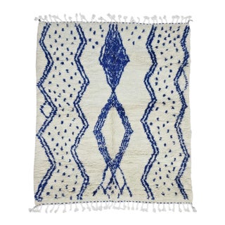 Ivory and Blue Azilal Wool Rug - 7.4 X 6.1 Ft For Sale