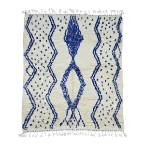 Ivory and Blue Azilal Wool Rug - 7.4 X 6.1 Ft