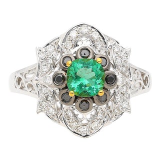 0.48 Carat Cushion Cut Emerald with Black and White Diamonds 14k White Gold Ring, Size 6.5 For Sale