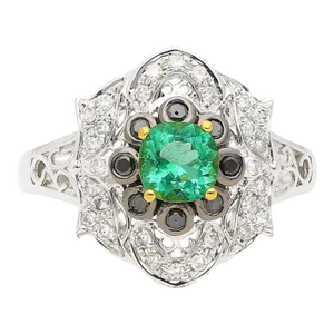 0.48 Carat Cushion Cut Emerald with Black and White Diamonds 14k White Gold Ring, Size 6.5