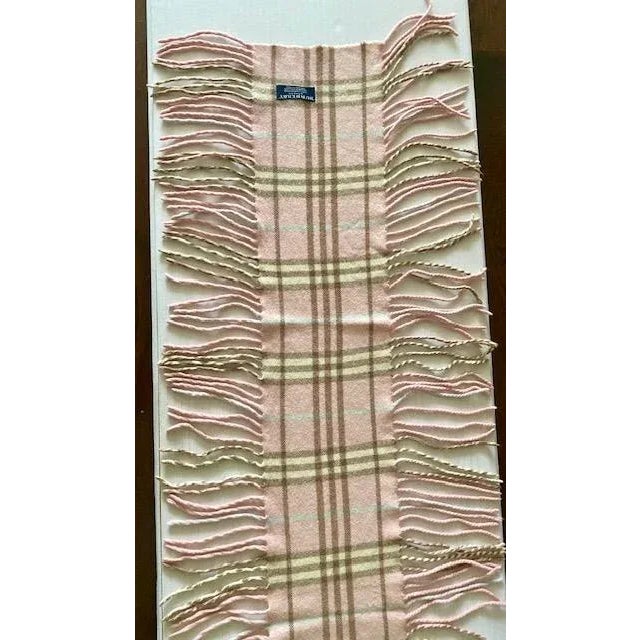Burberry “Happy” Cashmere Scarf With Full Fringe, Made in England, 100% Cashmere, Baby Pink/Bone/Blue/Taupe For Sale - Image 9 of 11