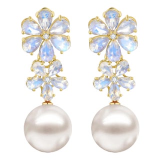 Nina Zhou Moonstone Diamond Double Blossom Baroque Pearl Convertible Earrings in 14k Yellow Gold - a Pair For Sale