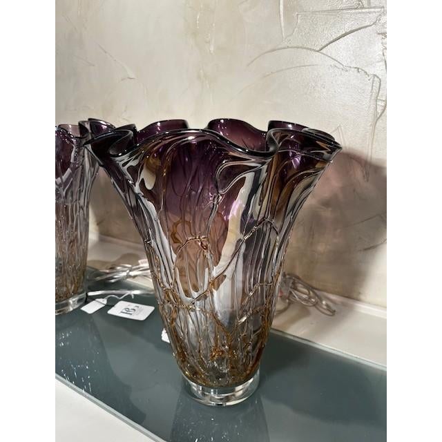 2 Bradburn Art Glass Hurricanes, Purple and Gold, Acrylic Base.