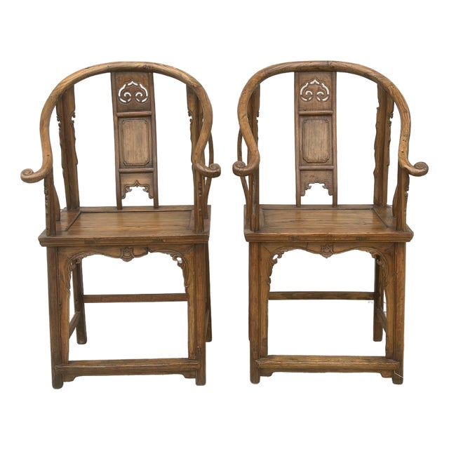 Pair Fine Antique Carved Chinese Horseshoe Lounge Chairs For Sale