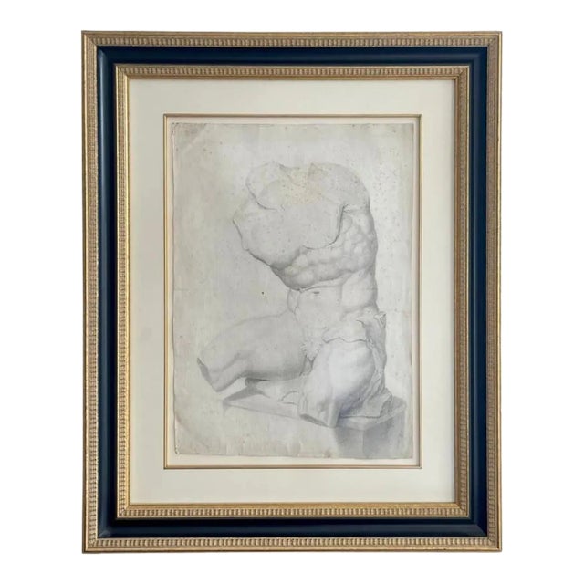 Grand Tour' Old Master Drawing of a Seated Male Nude Antique Statue Torso For Sale