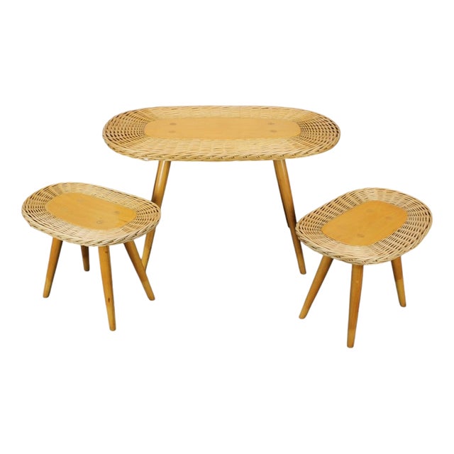 Mid-Century Rattan Seating Set attributed to Uluv, Czechoslovakia, 1960s, Set of 3 For Sale