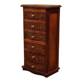 Indian Rosewood Brass Inlaid Narrow 6 Drawer Chest For Sale