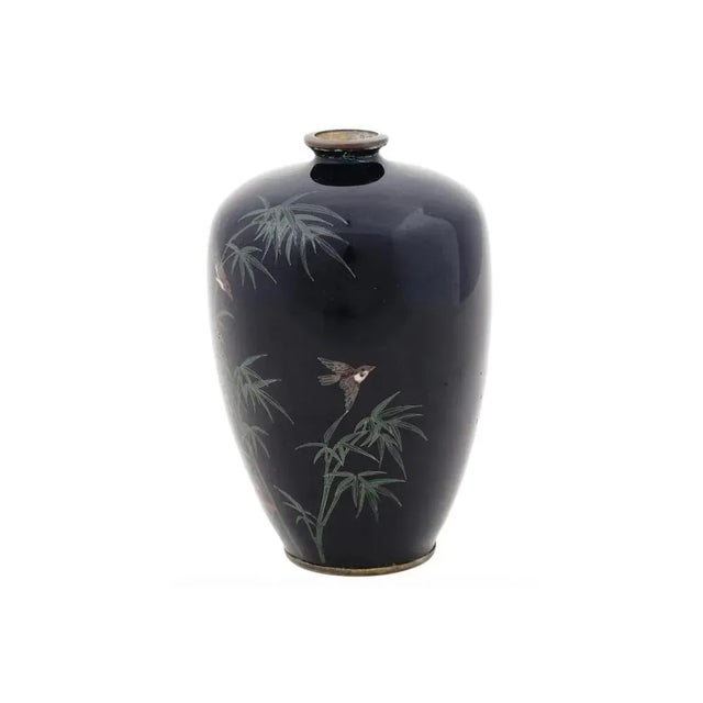 Late 19th Century Antique Meiji Japanese Cloisonne Silver Wire Enamel Miniature Vase Bird on Bamboo Branch For Sale - Image 5 of 6