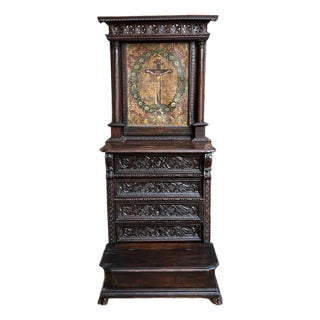 Antique French Gothic Devotional Cabinet Religious Painting Carved Oak Kneeler For Sale