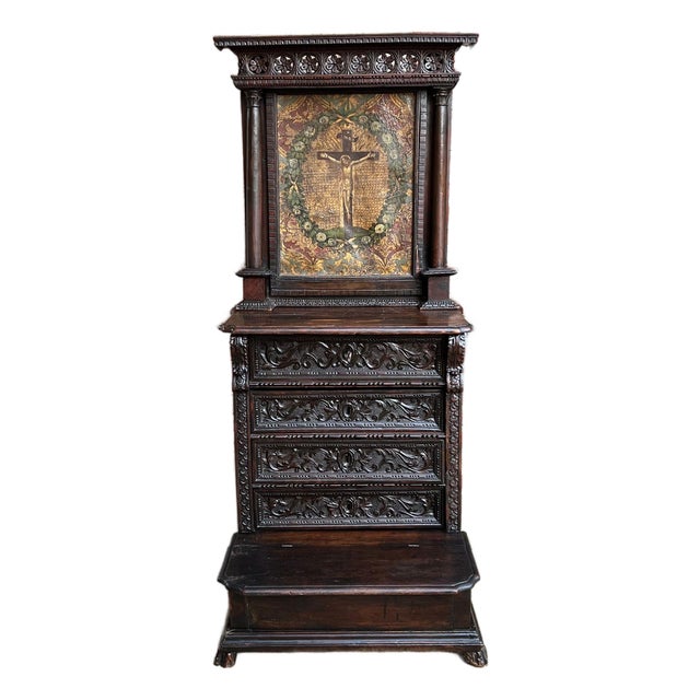 Antique French Gothic Devotional Cabinet Religious Painting Carved Oak Kneeler For Sale