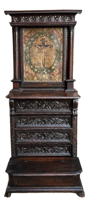 Antique French Gothic Devotional Cabinet Religious Painting Carved Oak Kneeler