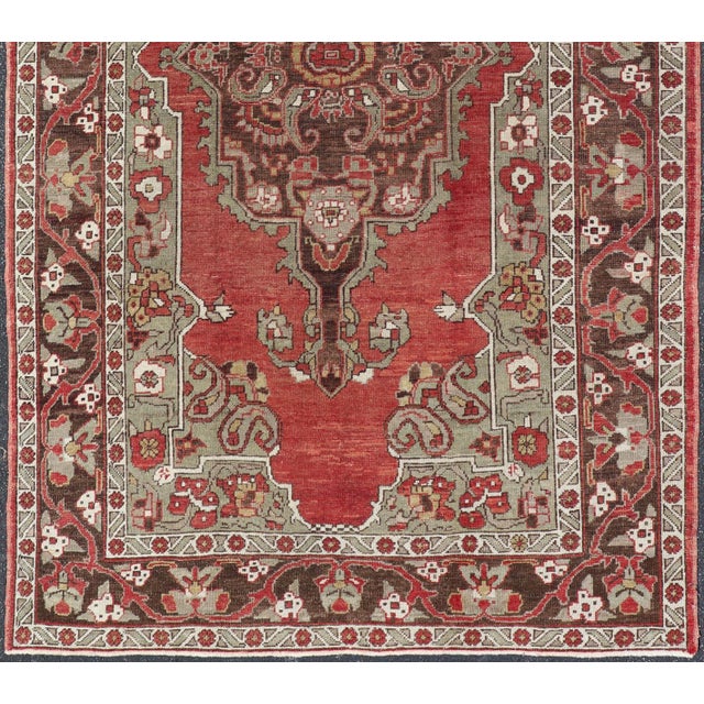 Tribal Antique Turkish Oushak Rug With Medallion in Soft Red, Light Green & Brown For Sale - Image 3 of 16