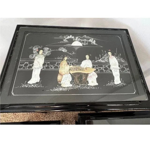 Wood Mid-Century Chinese, Hand-Painted, Glass-Topped Nesting Tables, Set of Four For Sale - Image 7 of 12