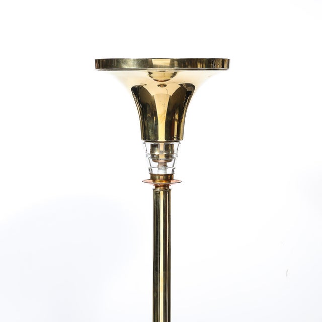 Art Deco Style Torchiere in Polished Brass W/ Copper & Lucite Stacked Fittings For Sale - Image 10 of 11
