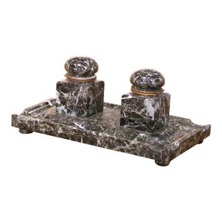 19th Century French Napoleon III Marble Double Inkwell With Bronze Mounted Lids For Sale