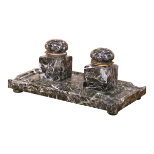 19th Century French Napoleon III Marble Double Inkwell With Bronze Mounted Lids