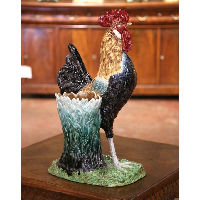 A lively example of late 19th-century French majolica, this antique sculptural rooster vase combines vivid color,...