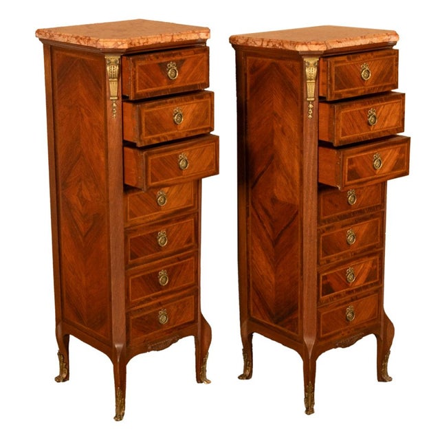 Pair Antique French Semainier Ormolu Inlaid Lingerie Marble Chests Dressers 1900 For Sale In Portland, OR - Image 6 of 18