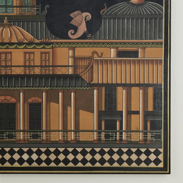 Wood Vintage Modernist Architectural Painting With Pagoda For Sale - Image 7 of 9