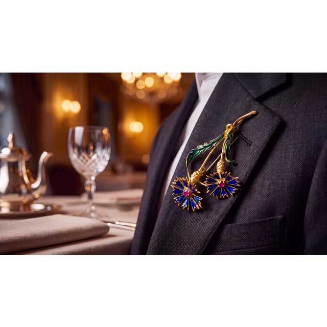 Metal Vintage Italian 18k Gold Ruby & Enamel Floral Brooch – Retro Unisex Lapel Pin For Sale - Image 7 of 12