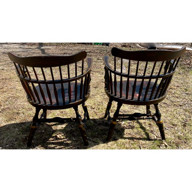 Farmhouse Pair Stenciled Arm Chairs Windsor Comb Backs Attrib.Nichols & Stone Harvest Farmhouse For Sale - Image 3 of 8