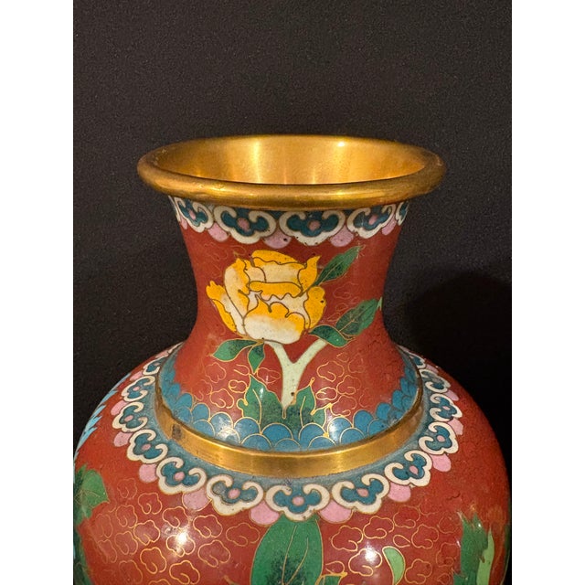 Metal Mid Twentieth Century Handmade Cloisonné Vases With Floral and Butterfly Motif For Sale - Image 7 of 12