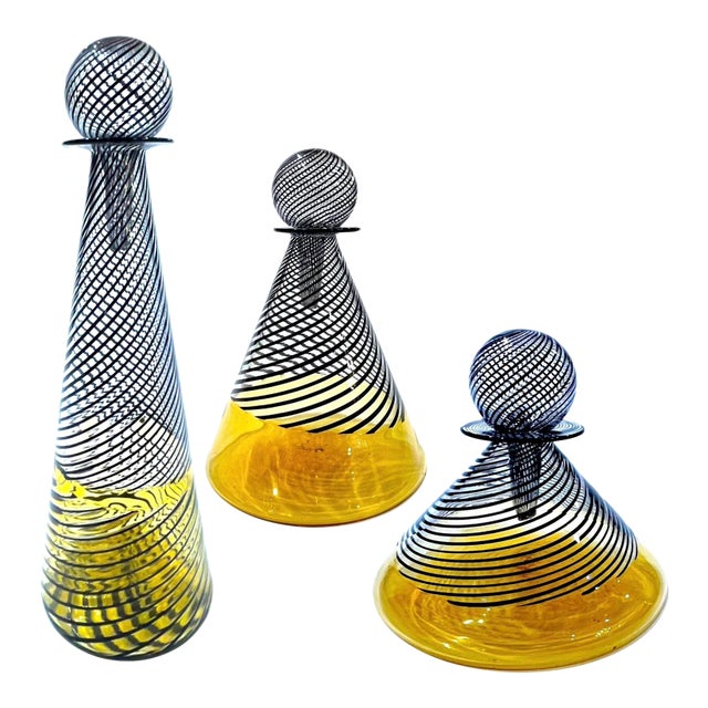 1960's Murano Attributed Latticino Glass Amber/Black Swirl Decanter Trio For Sale