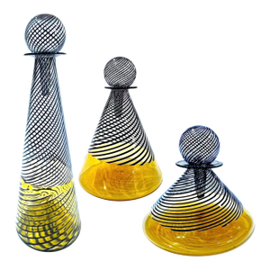 1960's Murano Attributed Latticino Glass Amber/Black Swirl Decanter Trio
