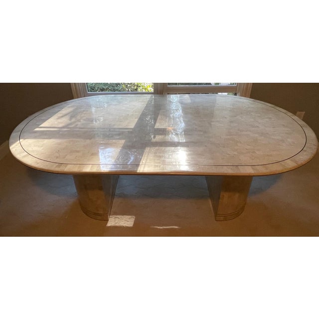 Wood Large Dining Fossilized Coral Table with Stone Mosaic by Karl Springer For Sale - Image 7 of 14