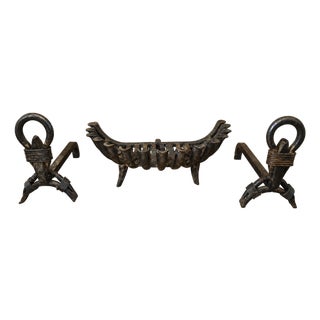 Wrought Iron Fireplace Andirons and Log Basket, Early 20th Century, Set of 3 For Sale
