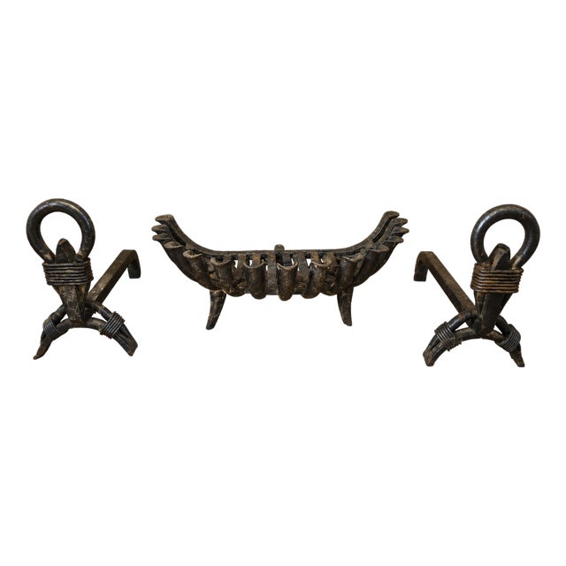 Wrought Iron Fireplace Andirons and Log Basket, Early 20th Century, Set of 3 For Sale