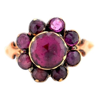 Antique Victorian 14k Gold Daisy Cluster Ring — Natural Rhodolite Garnets, Size 8 For Sale