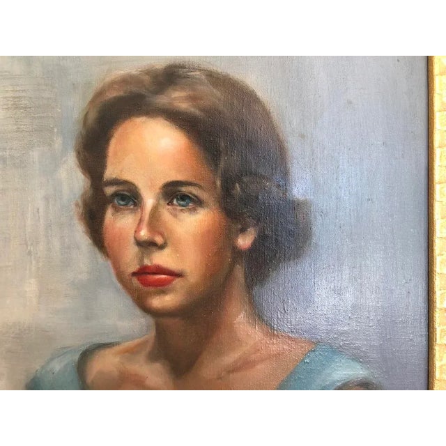 Blue Portrait Oil Painting of a Mid Century Women, Framed For Sale - Image 8 of 10