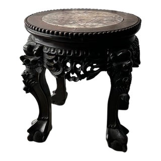 Antique Chinese Carved Wood Stand With Marble Insert For Sale