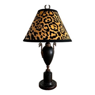 Vintage Black Metal Urn Lamp With Leopard Print Shade For Sale