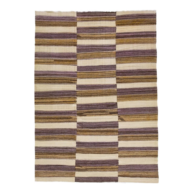 2020s Room Size Striped Flatweave Kilim Wool Rug in Beige For Sale