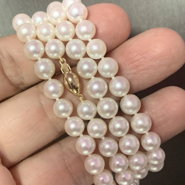 Akoya Pearl Necklace 14k Gold 27" 7.5 Mm Certified For Sale - Image 4 of 6