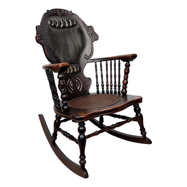Antique Victorian Carved Oak & Leather Tufted Rocking Chair For Sale
