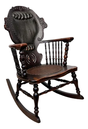 Antique Victorian Carved Oak & Leather Tufted Rocking Chair
