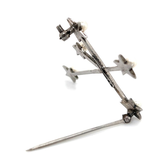 1990s Mikimoto Estate Akoya Pearl Cross Brooch Sterling Silver For Sale - Image 11 of 11