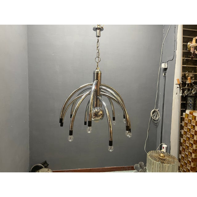 Vintage Space Age Chrome 13-Light Chandelier attributed to Goffredo Reggiani, 1970s For Sale - Image 10 of 14