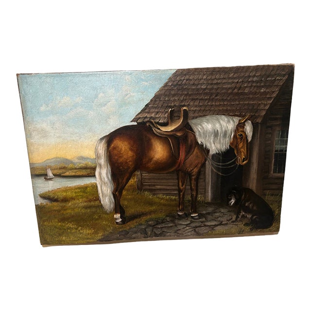 19th C Oil on Canvas, Horse and Dog Hovel For Sale