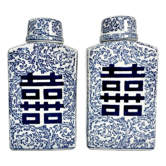 Mid-Century Boho Chic Chinoiserie Hollywood Regency Blue & White Square Happiness Ginger Jars - A Pair For Sale